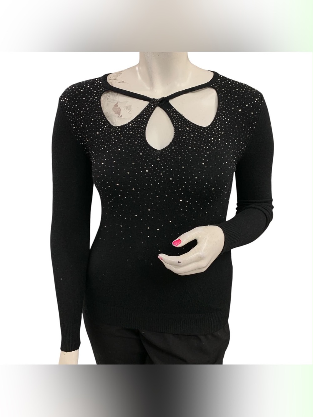 Vila Milano Black Rhinestone Keyhole Long-Sleeve Knit Top Size XL